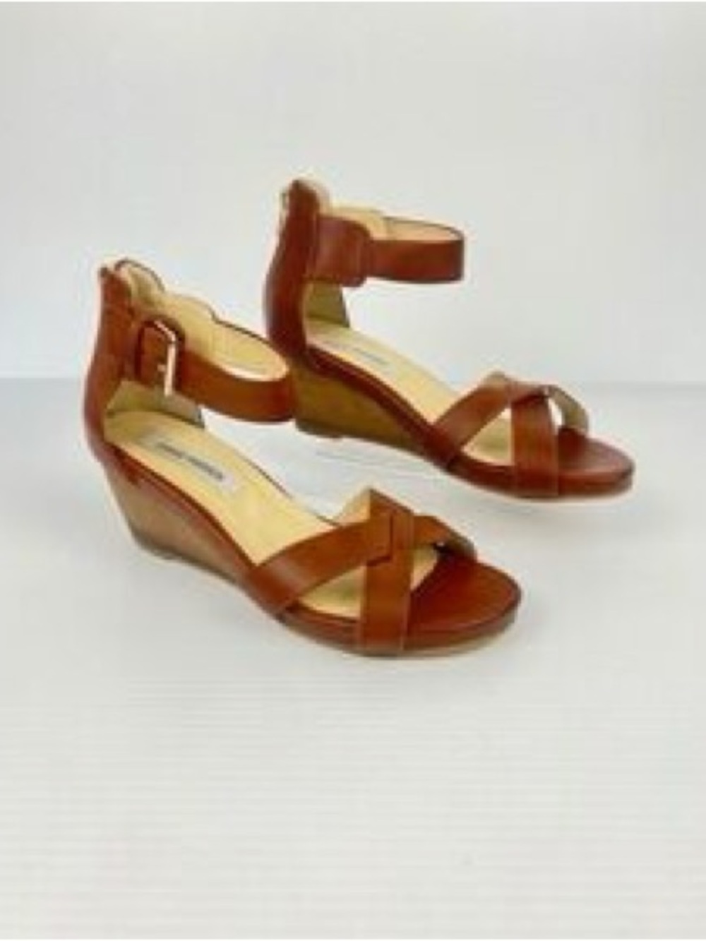 New size 36 pair of brown Steve Madden tan strappy wedge sandals ankle style